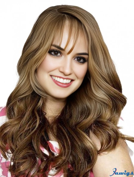 Full Head Human Hair Brown With Bangs Wavy Style