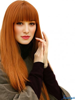 100% Human Hair Lace Front Wigs With Bangs Straight Style