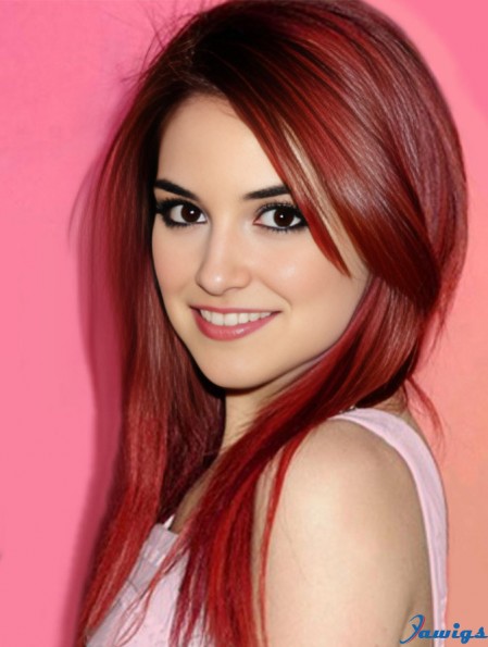 Red Lace Front Wig With Bangs Shoulder Length Straight Style