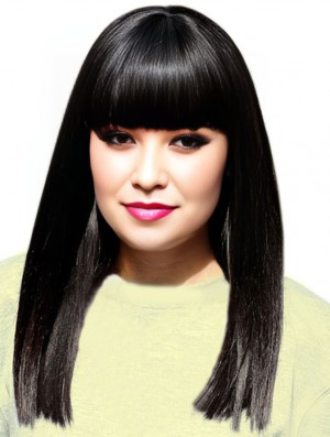 16 inch Designed Black Long Yaki With Bangs Jessie J Wigs