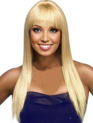 Hairstyles Blonde Long Straight With Bangs Human Hair Wigs